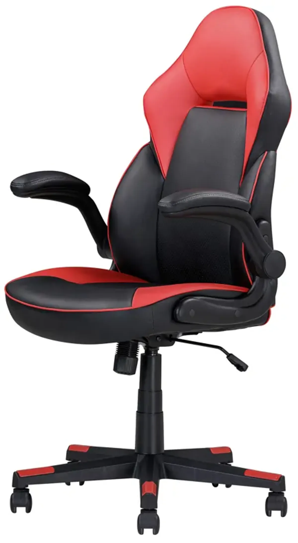 28 Inch Office Gaming Chair, 360 Degree Swivel, Black, Red Faux Leather - Benzara