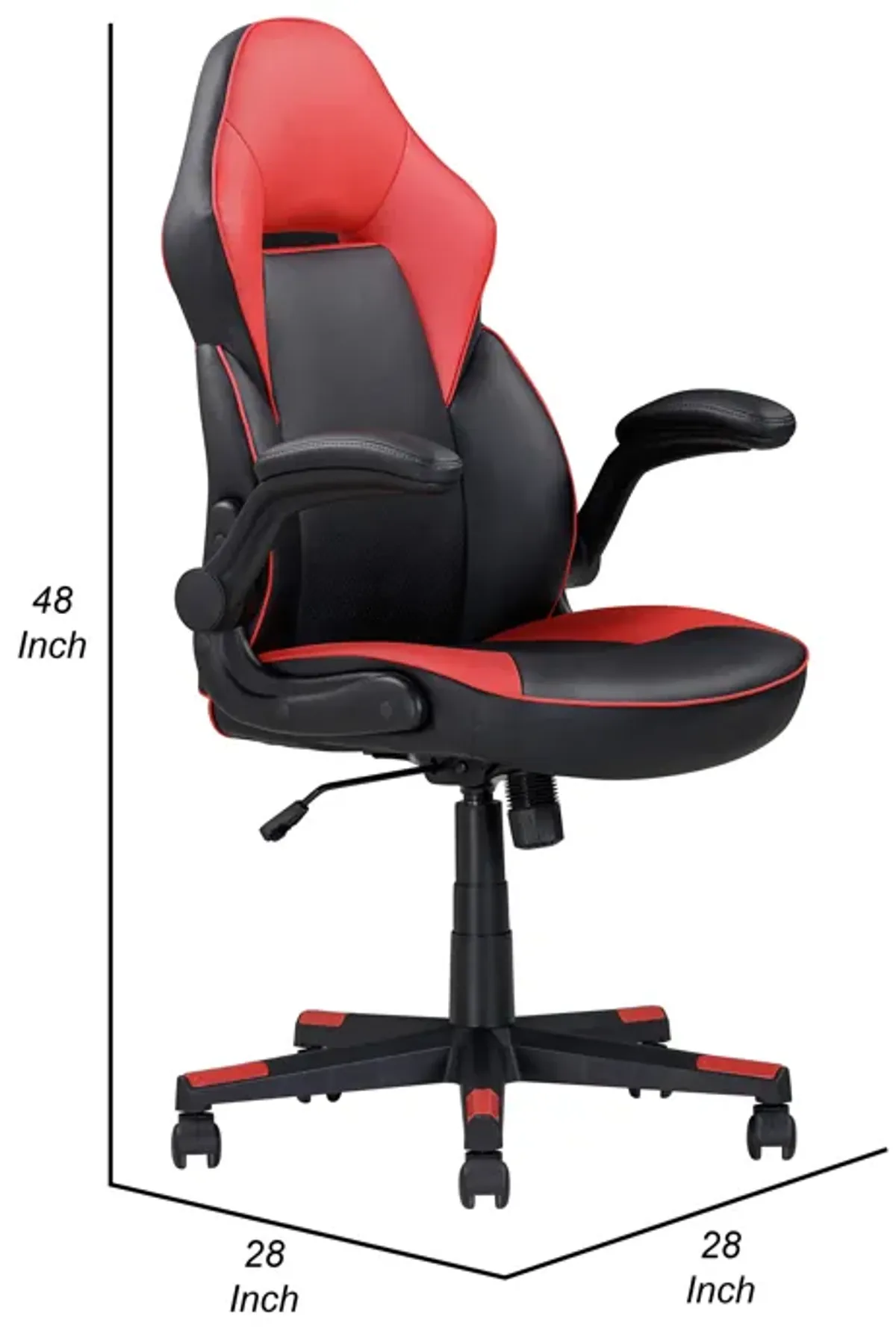 28 Inch Office Gaming Chair, 360 Degree Swivel, Black, Red Faux Leather - Benzara