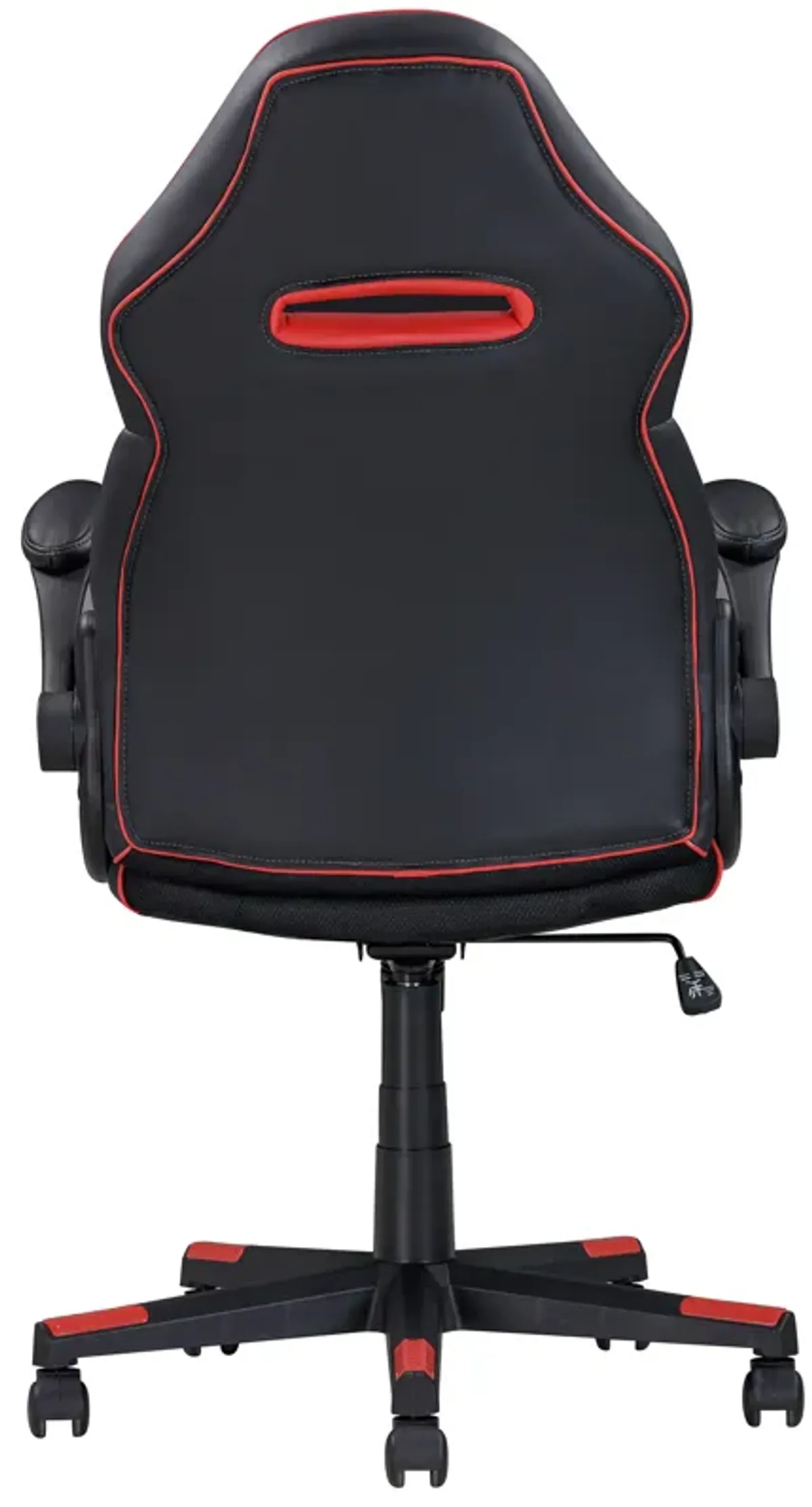 28 Inch Office Gaming Chair, 360 Degree Swivel, Black, Red Faux Leather - Benzara