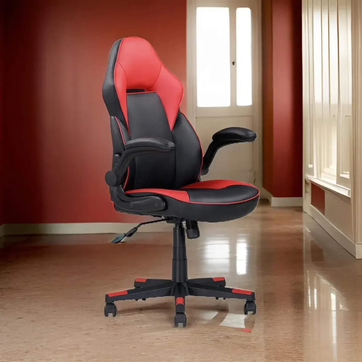 28 Inch Office Gaming Chair, 360 Degree Swivel, Black, Red Faux Leather - Benzara