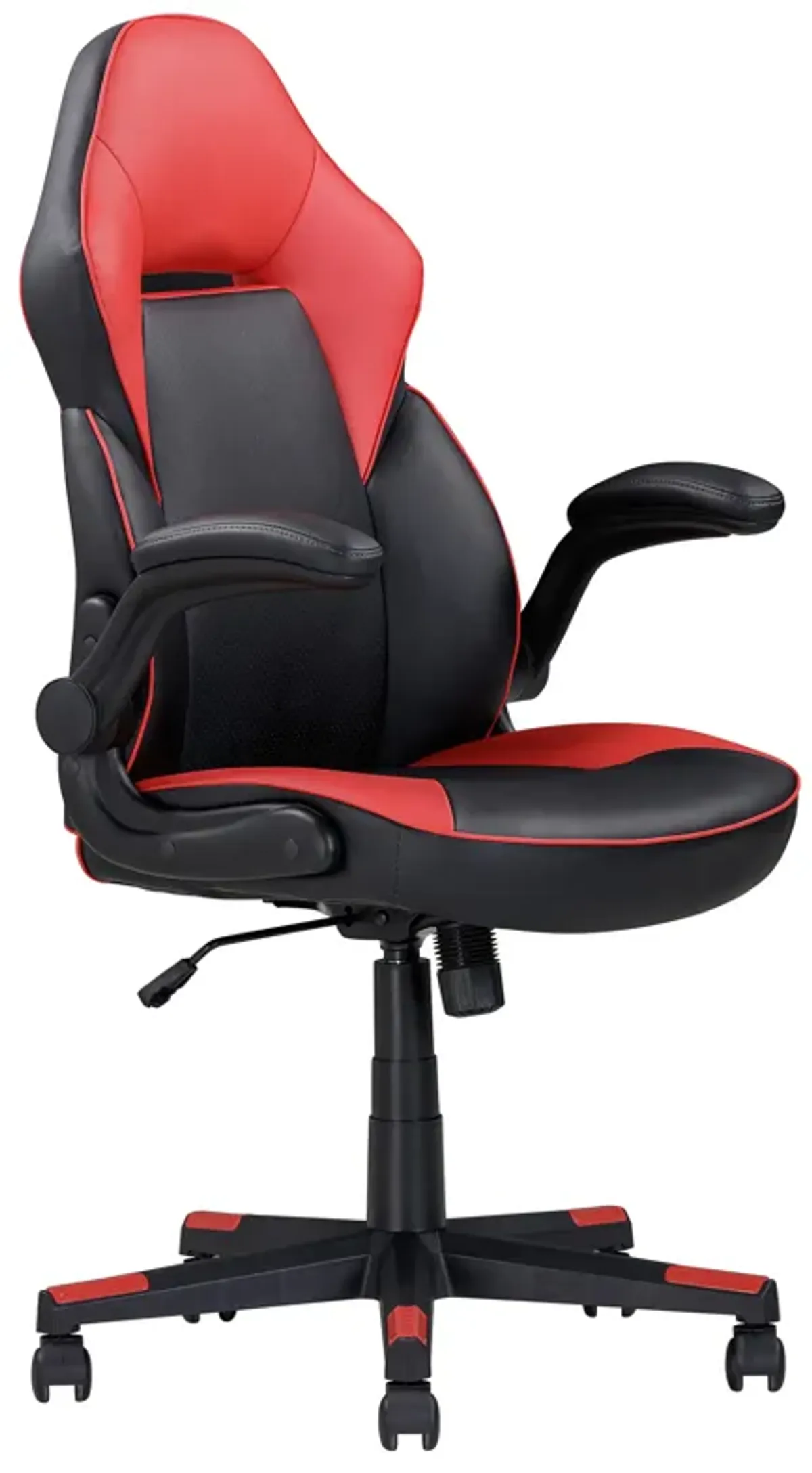 28 Inch Office Gaming Chair, 360 Degree Swivel, Black, Red Faux Leather - Benzara