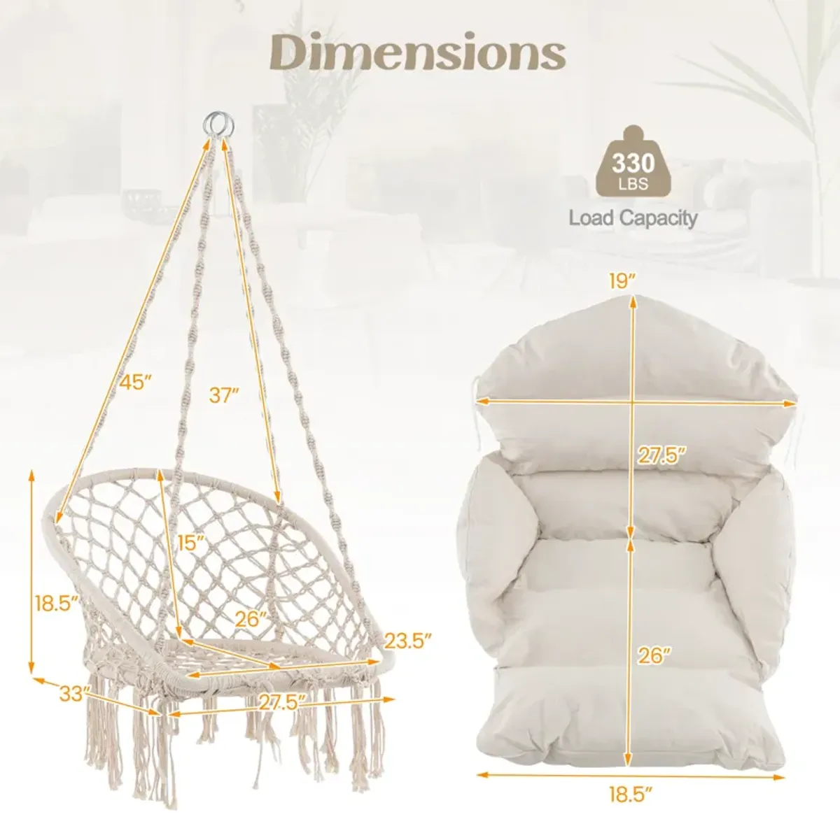 Hammock Chair with Thick Cushion & Macrame Holds up to 330 LBS