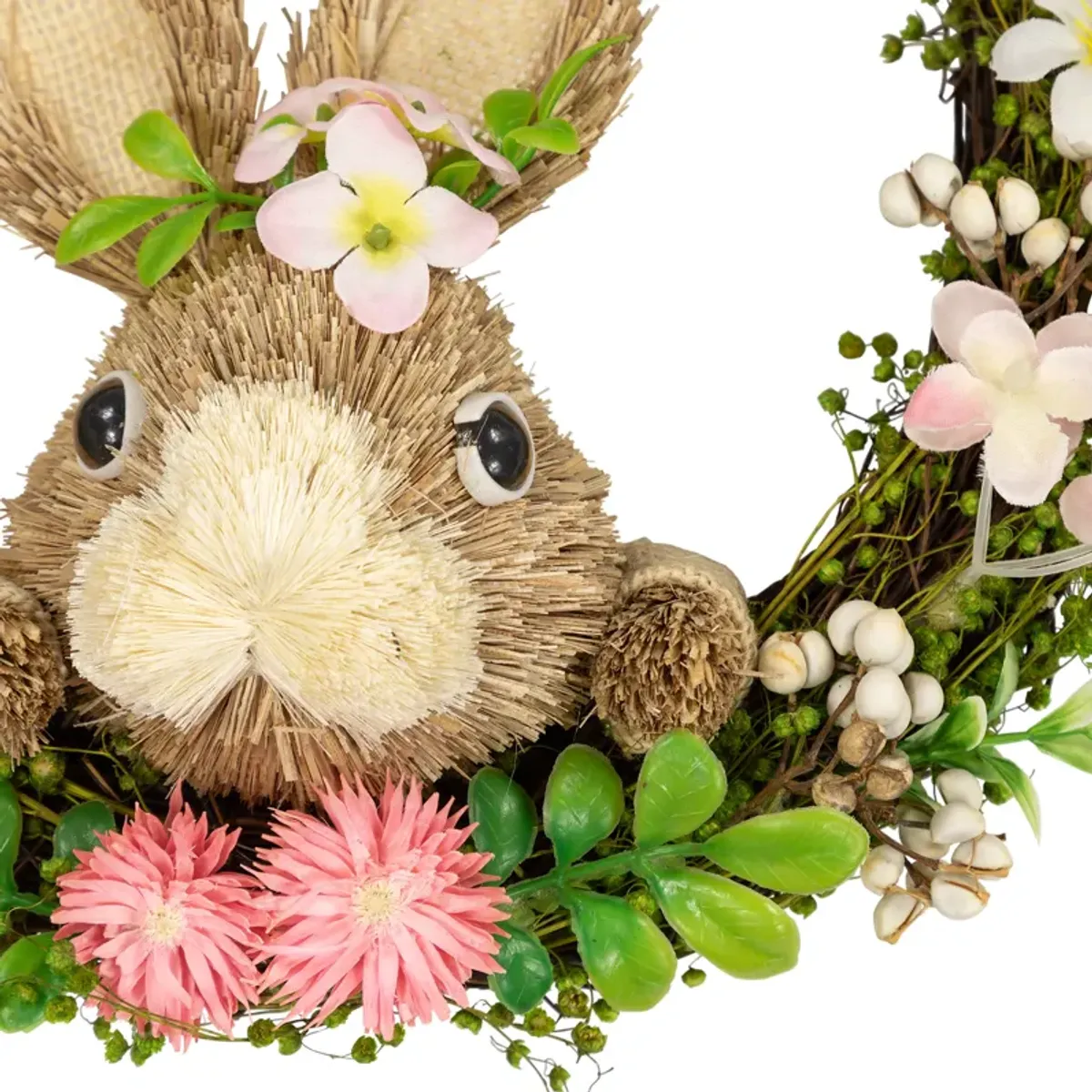 Spring Floral Easter Wreath with Peering Rabbit - 11" - Green and Pink