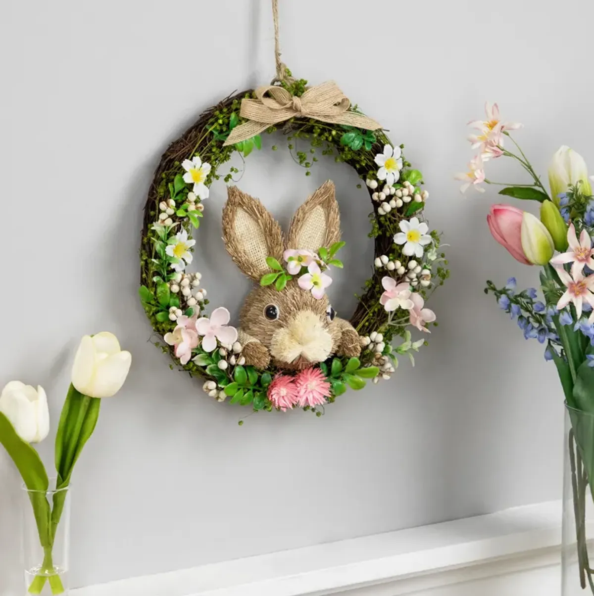 Spring Floral Easter Wreath with Peering Rabbit - 11" - Green and Pink