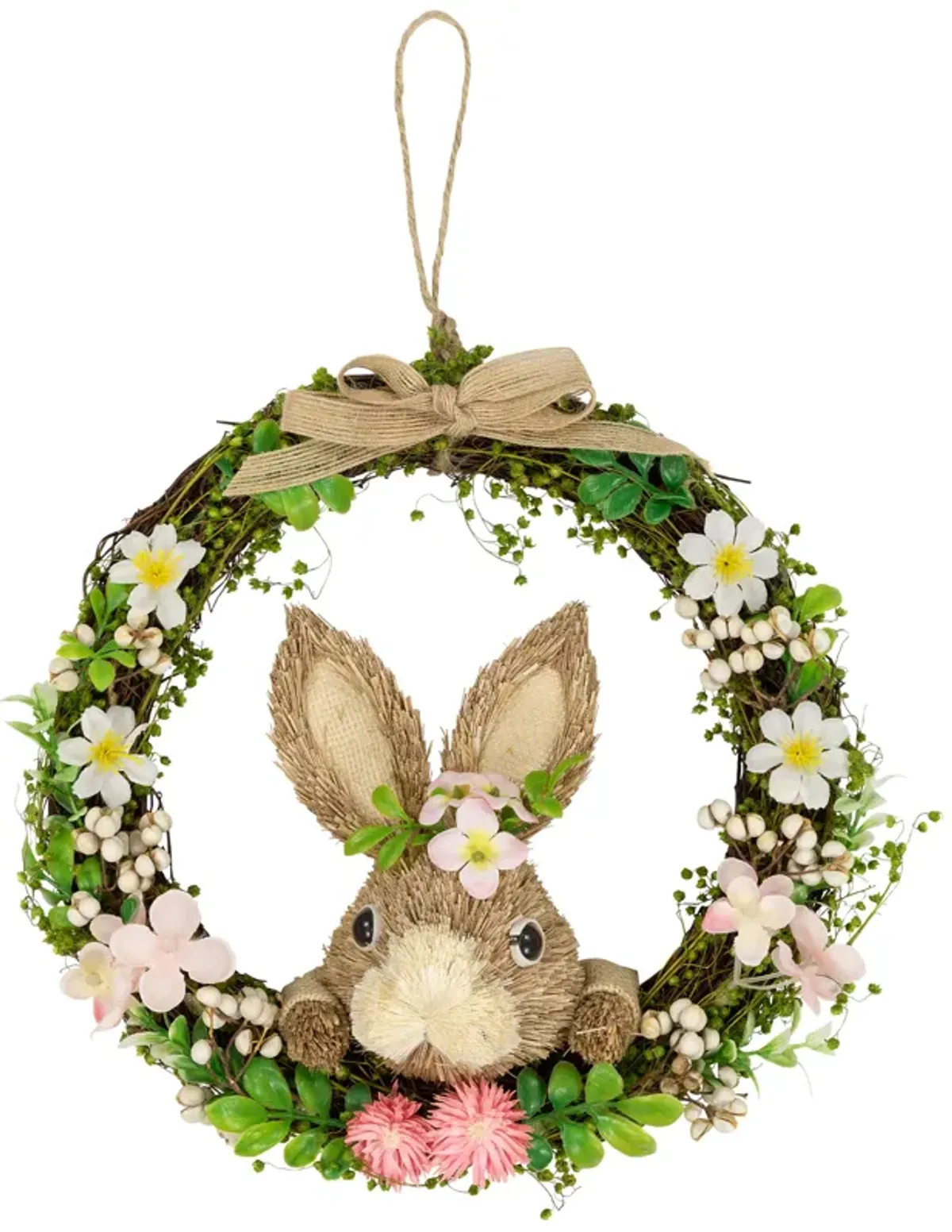 Spring Floral Easter Wreath with Peering Rabbit - 11" - Green and Pink