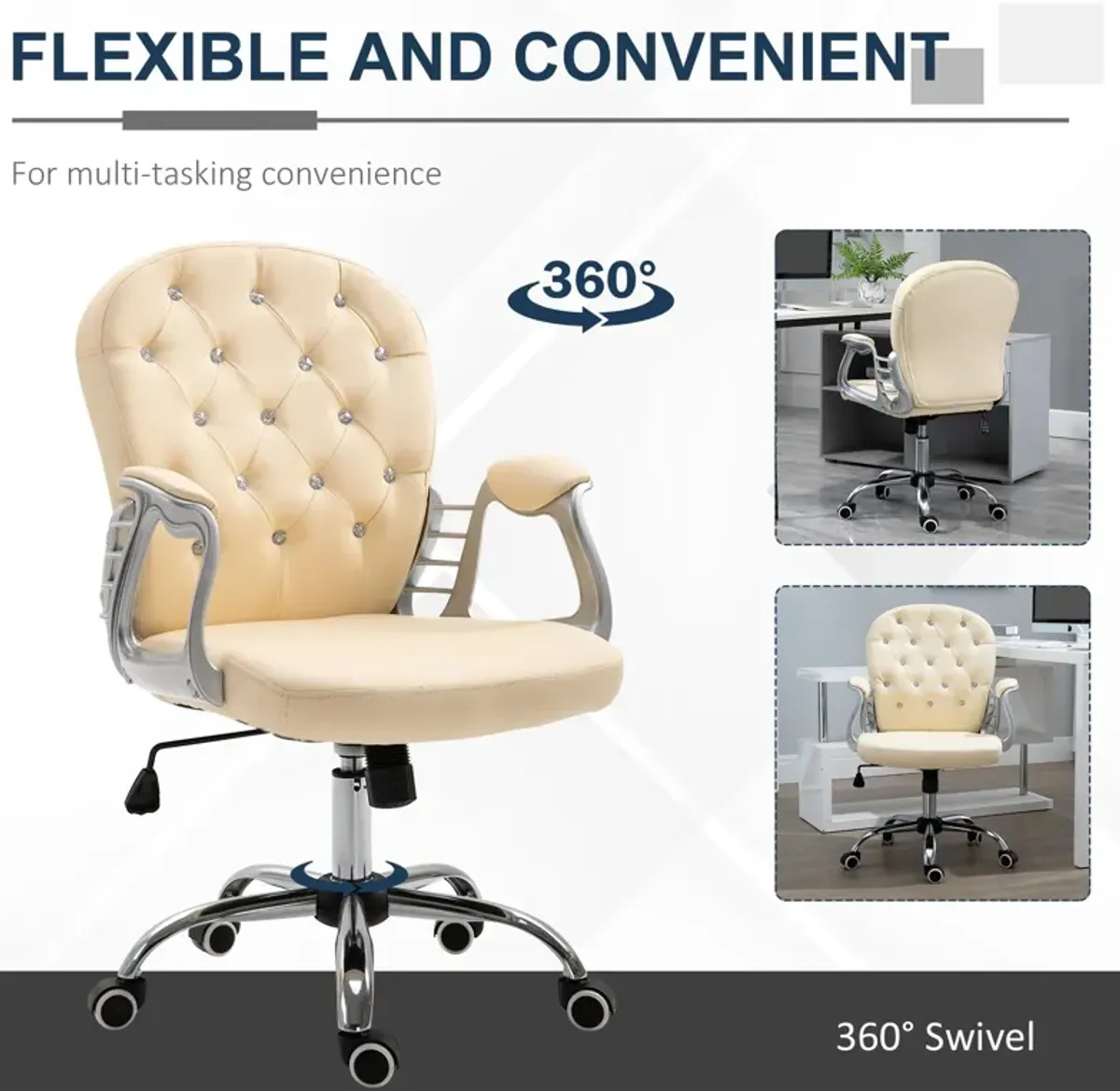 Beige Office Comfort: Tufted Swivel Chair with Adjustable Height