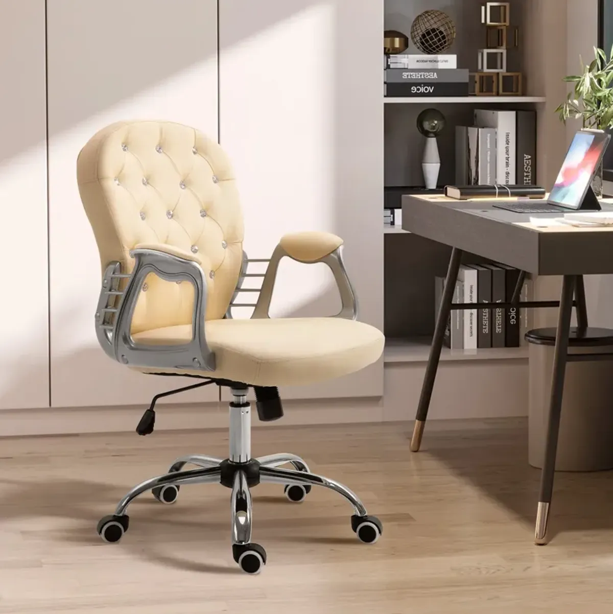 Beige Office Comfort: Tufted Swivel Chair with Adjustable Height