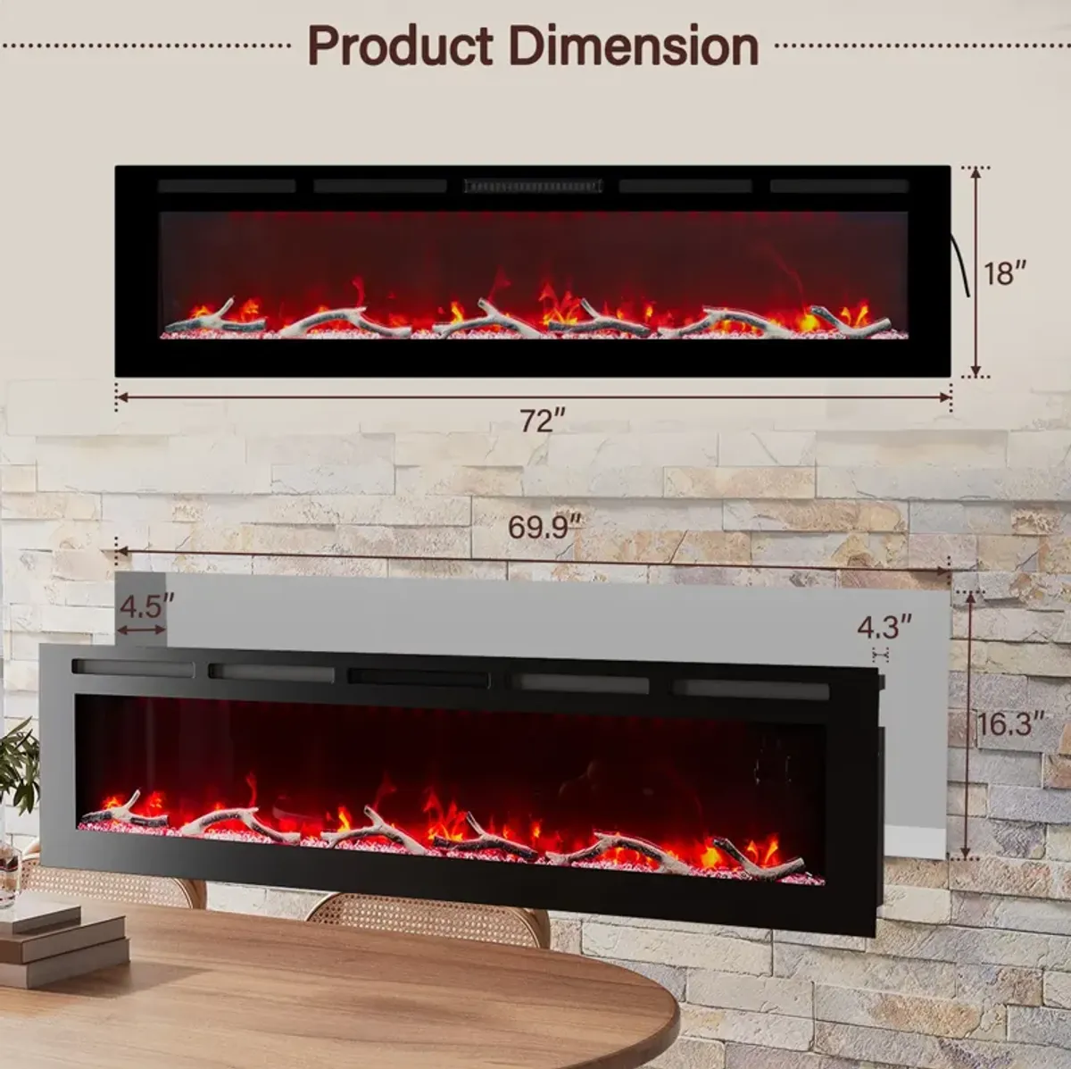 72 Inch 1500W  Versatile Installation Electric Fireplace with Multicolor Flame