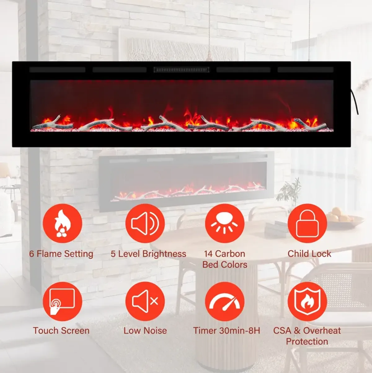 72 Inch 1500W  Versatile Installation Electric Fireplace with Multicolor Flame