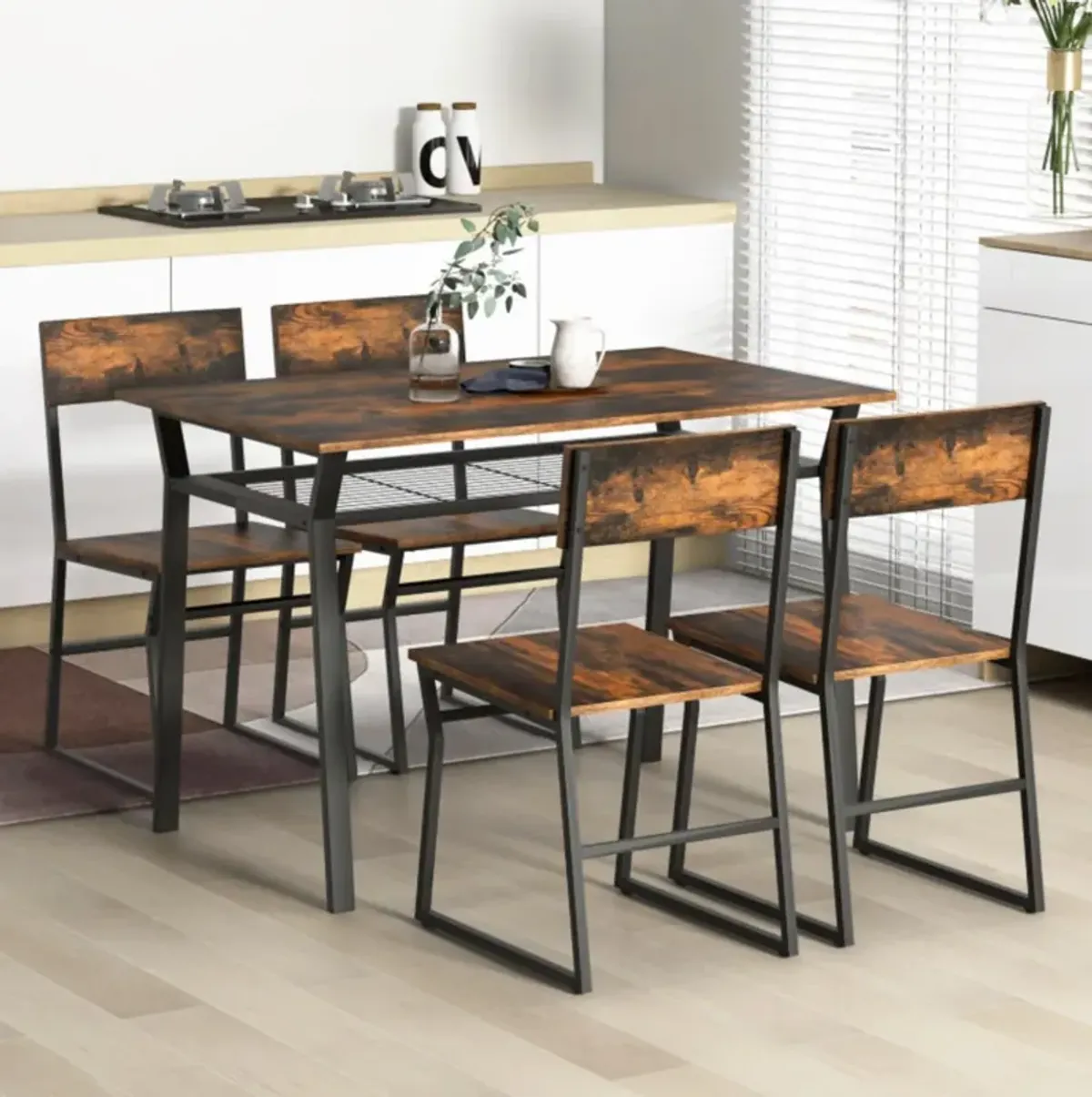 Hivvago 5 Piece Dining Table Set with Storage Rack and Metal Frame