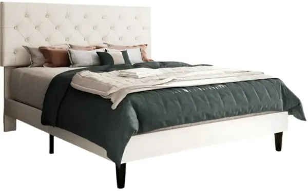 Button-Tufted Faux Leather Platform Bed Stylish Upholstered Frame with Supportive Slats