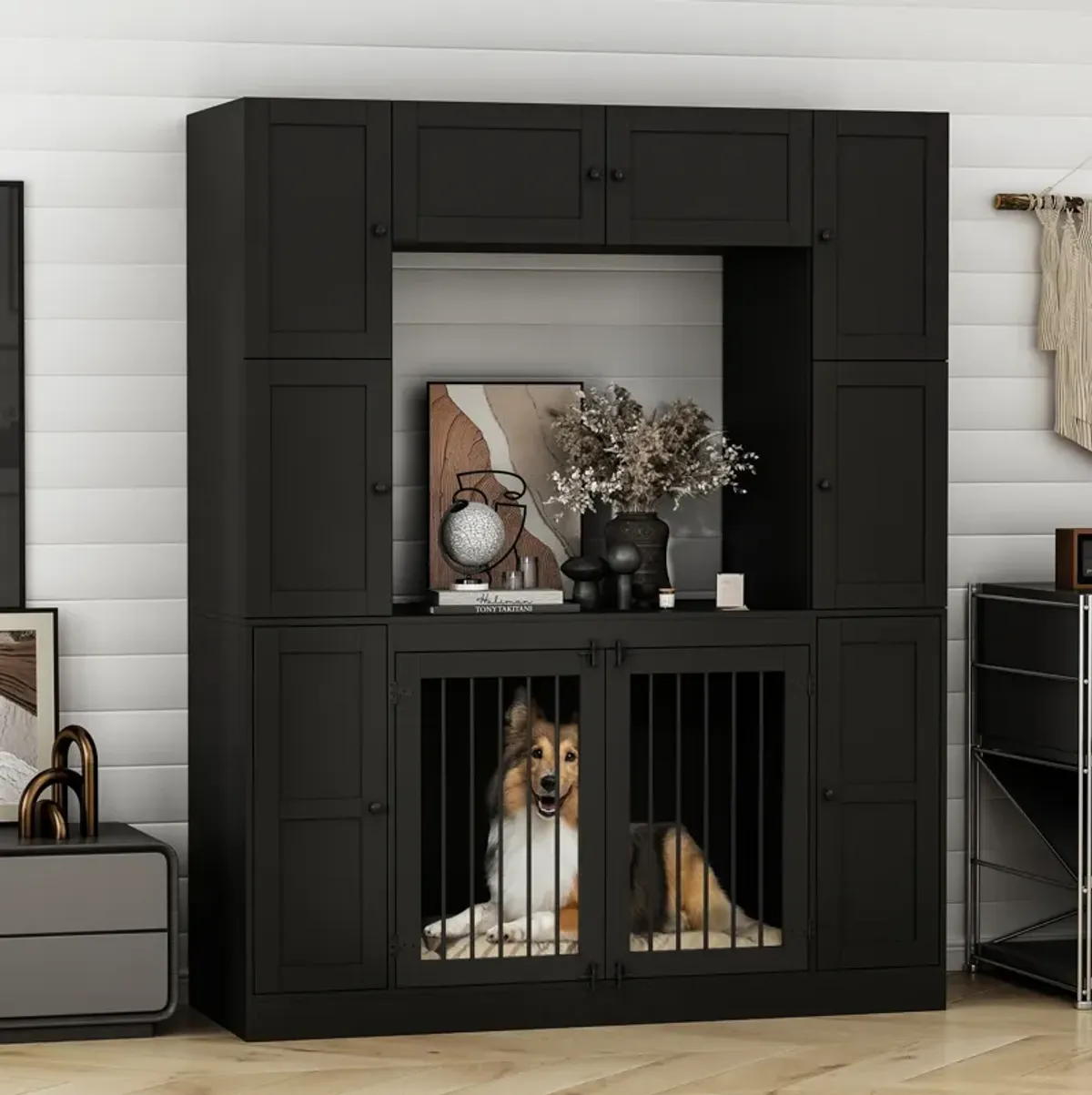 Dog House Storage Cabinet Bookshelf Furniture Style, Indoor Wood Dog Crate Bookcase with 7 Large Shelves, Black