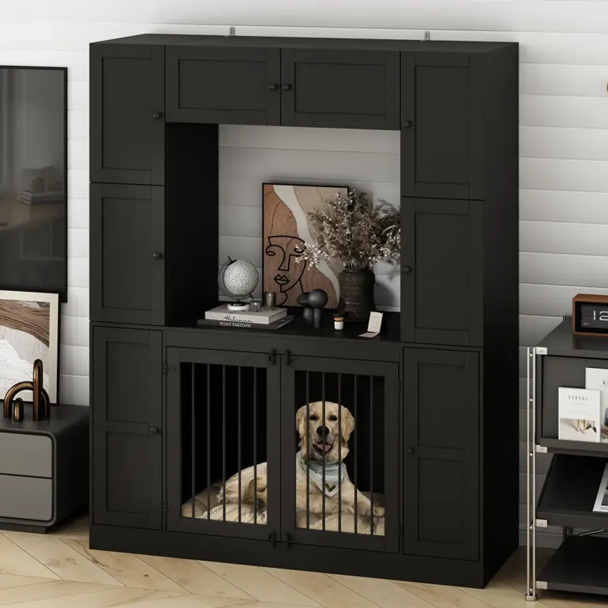 Dog House Storage Cabinet Bookshelf Furniture Style, Indoor Wood Dog Crate Bookcase with 7 Large Shelves, Black