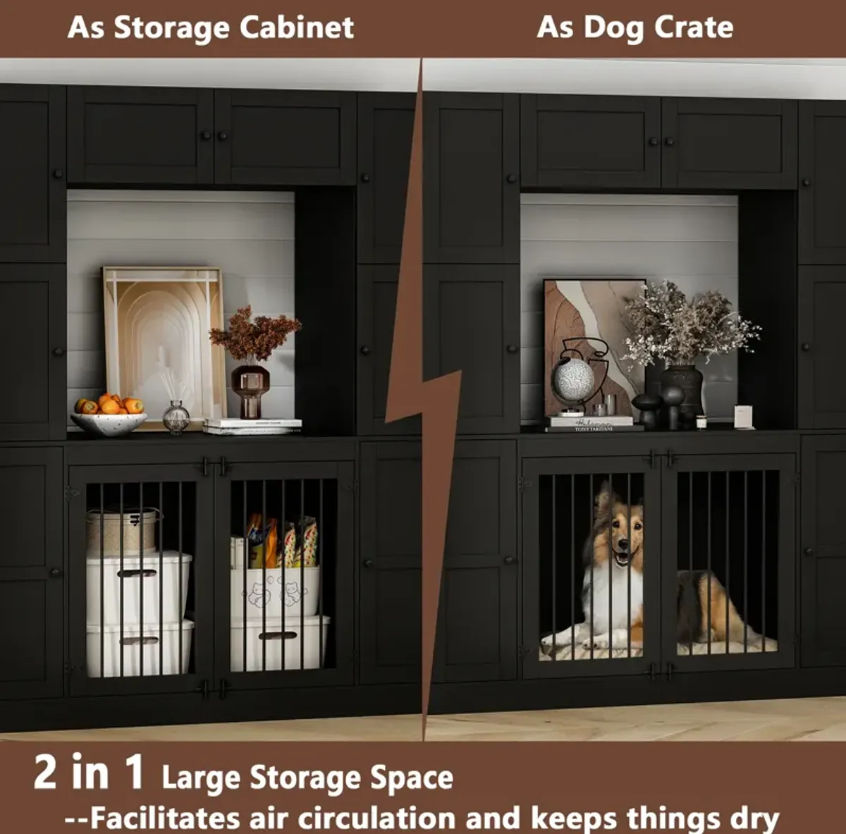 Dog House Storage Cabinet Bookshelf Furniture Style, Indoor Wood Dog Crate Bookcase with 7 Large Shelves, Black