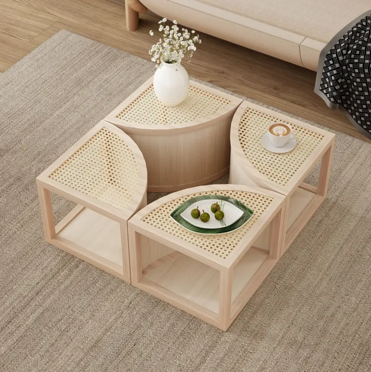 Merax Modular Rattan Wood Coffee Table