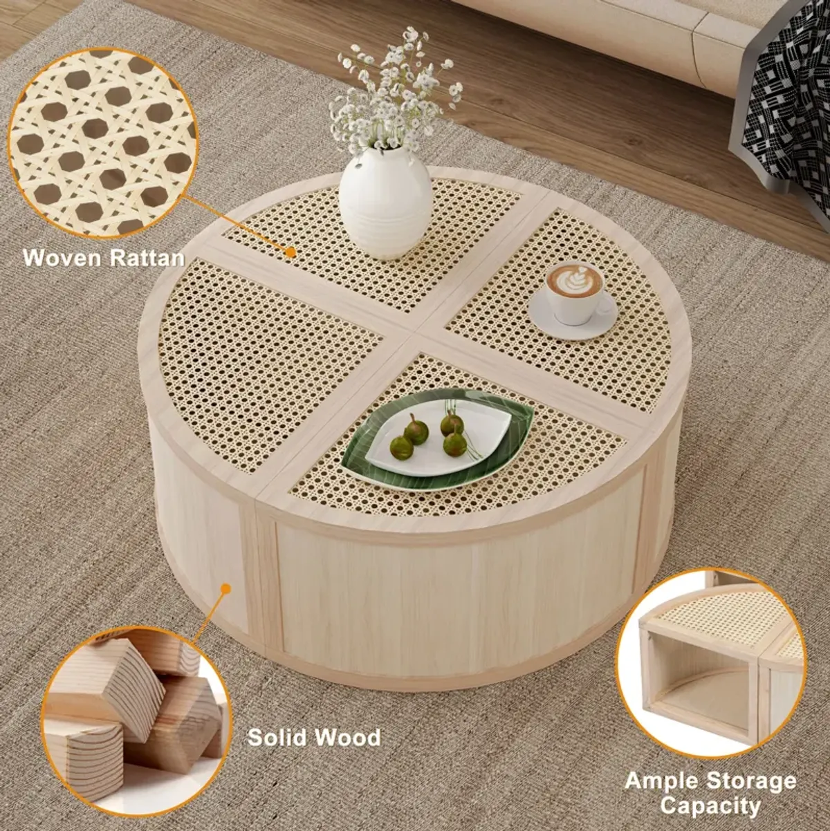 Merax Modular Rattan Wood Coffee Table