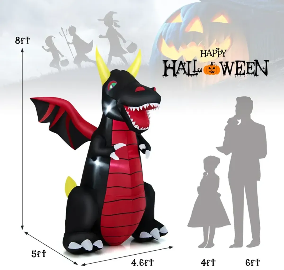 8 Feet Halloween Inflatable Fire Dragon  Decoration with LED Lights