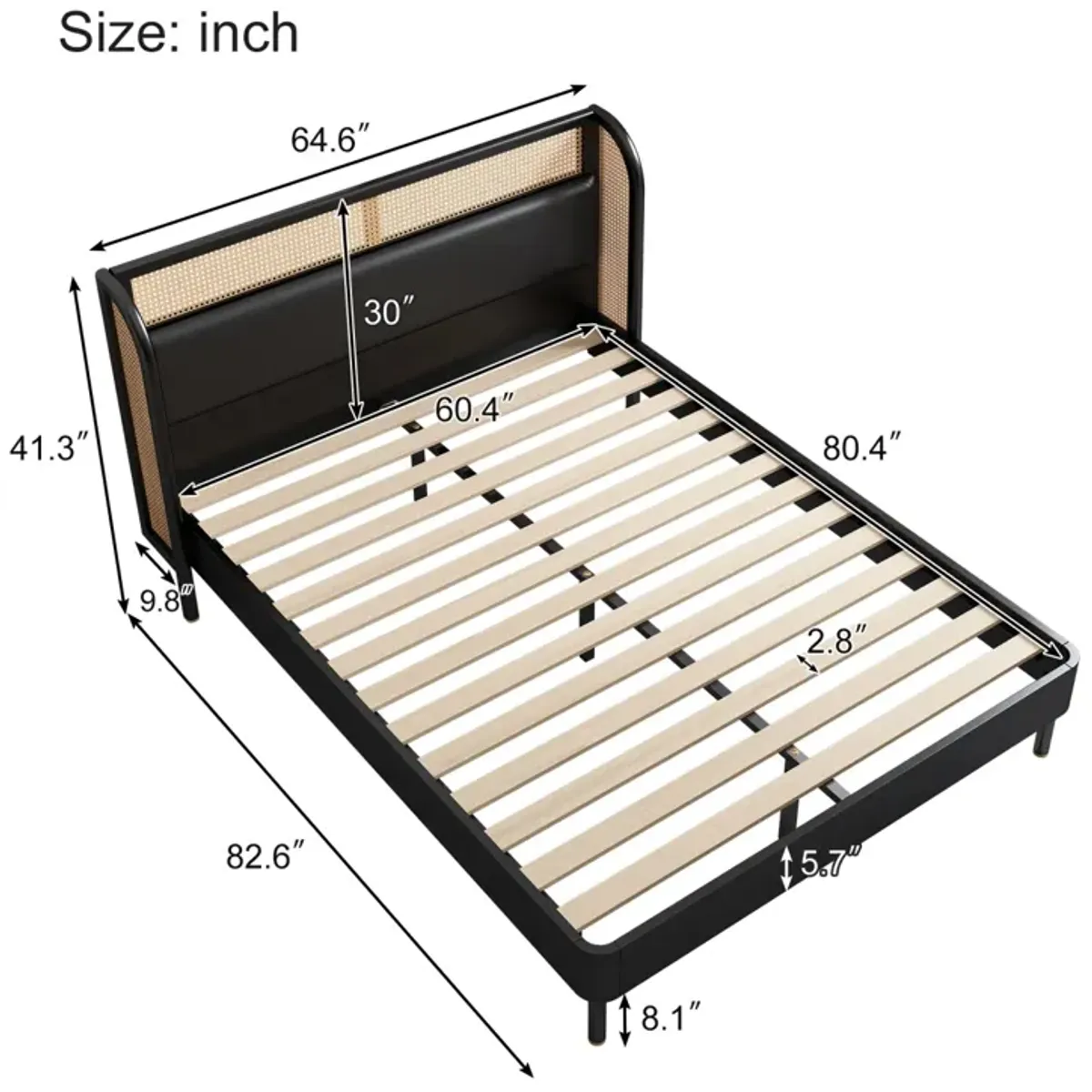 Modern Rattan Wood Platform Queen Bed