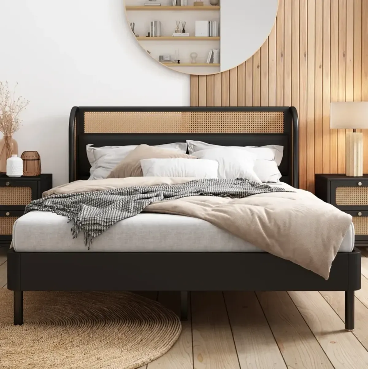 Modern Rattan Wood Platform Queen Bed