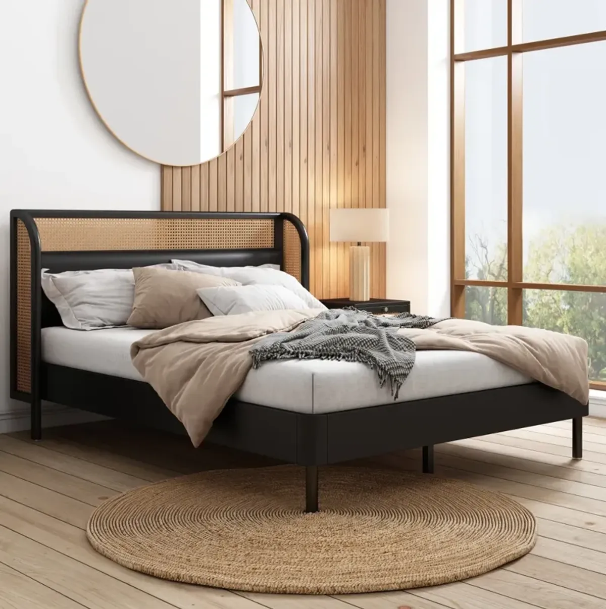 Modern Rattan Wood Platform Queen Bed