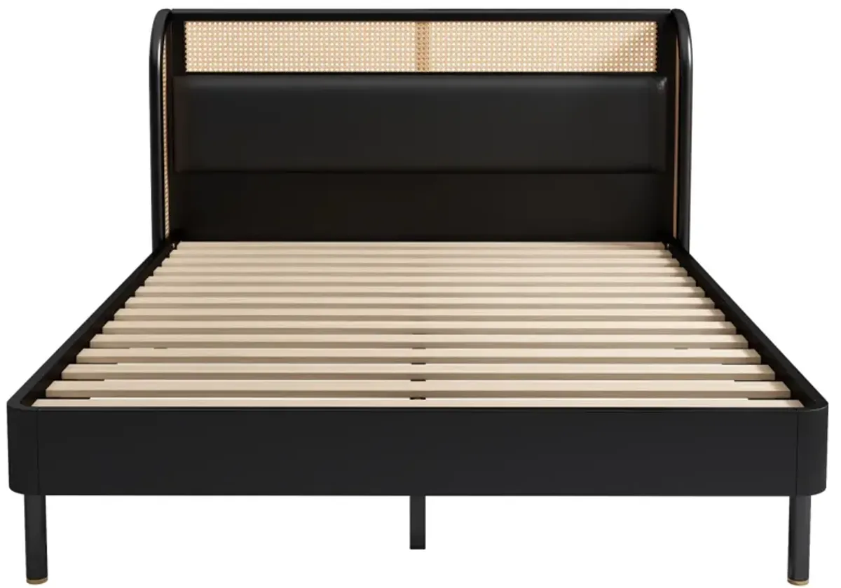 Modern Rattan Wood Platform Queen Bed