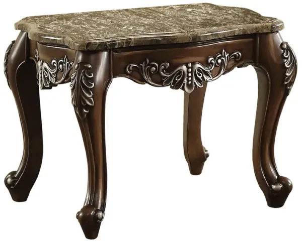 Wooden End Table with Marble Top in Antique Oak Brown-Benzara