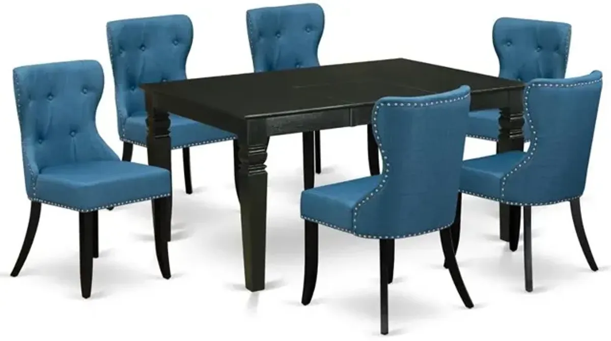 East-West Furniture WESI7-BLK-21 - A kitchen table set of 6 excellent parson chairs using Linen Fabric Mineral Blue color and a lovely dining table with Black color