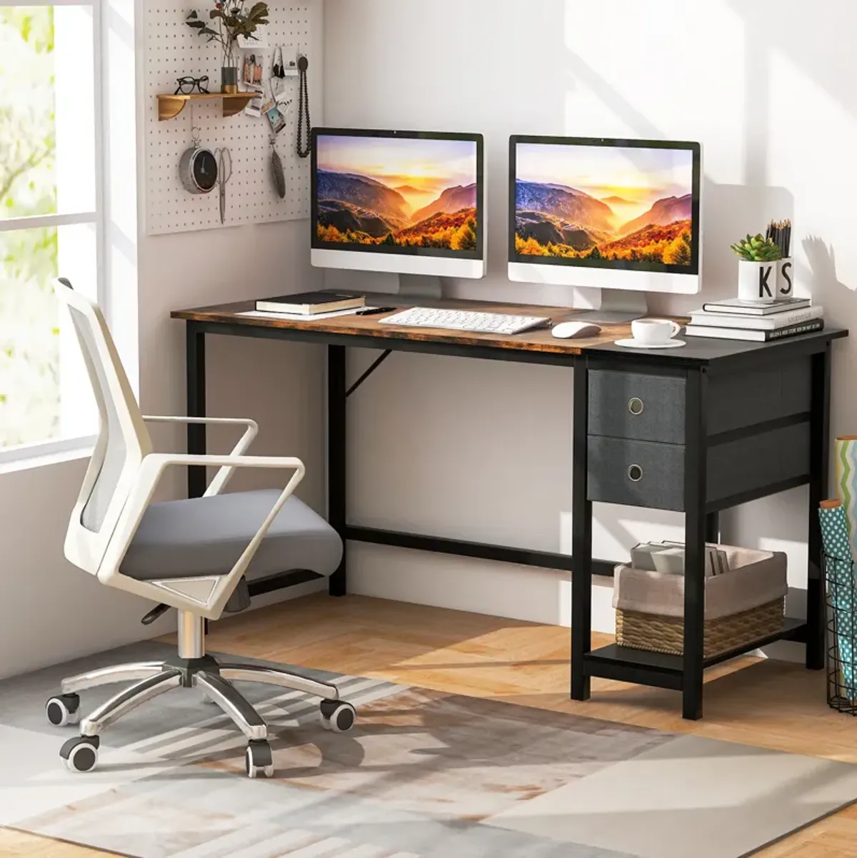 Home Office Desk with 2 Drawers Hanging Hook