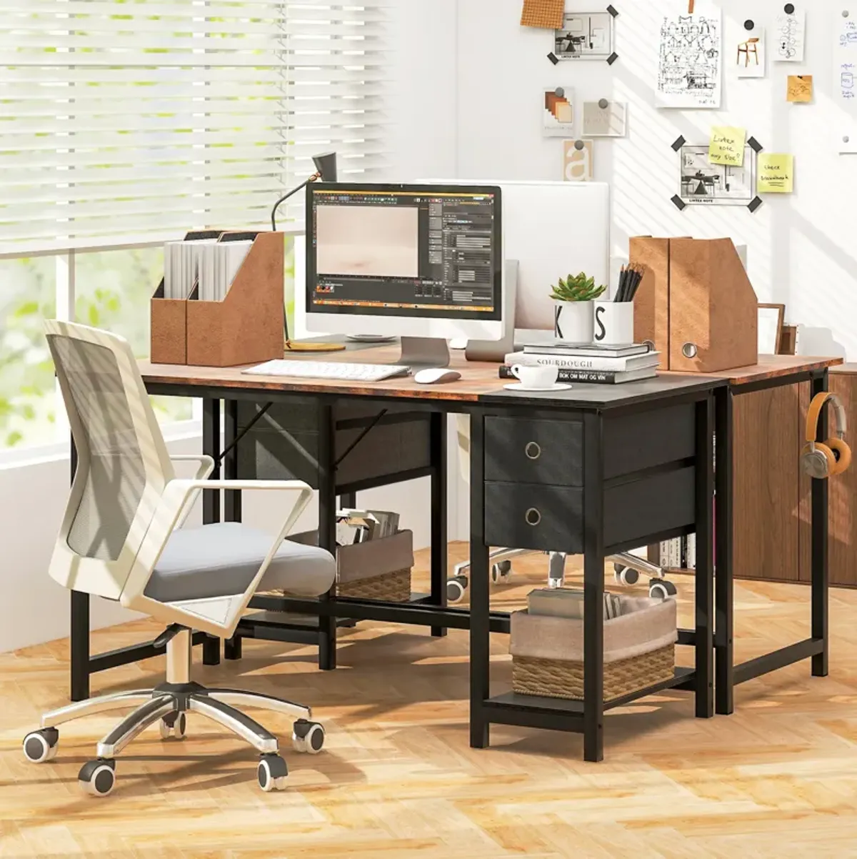 Home Office Desk with 2 Drawers Hanging Hook