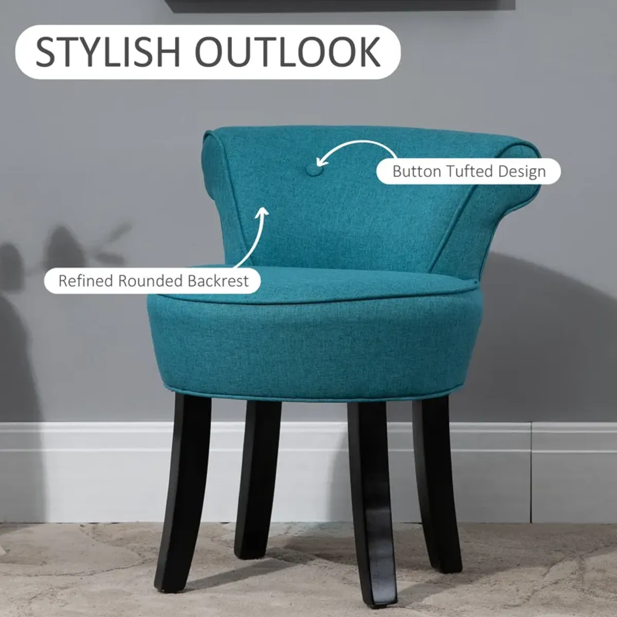 Blue Vanity Seat: Upholstered Linen Chair with Rubberwood Legs