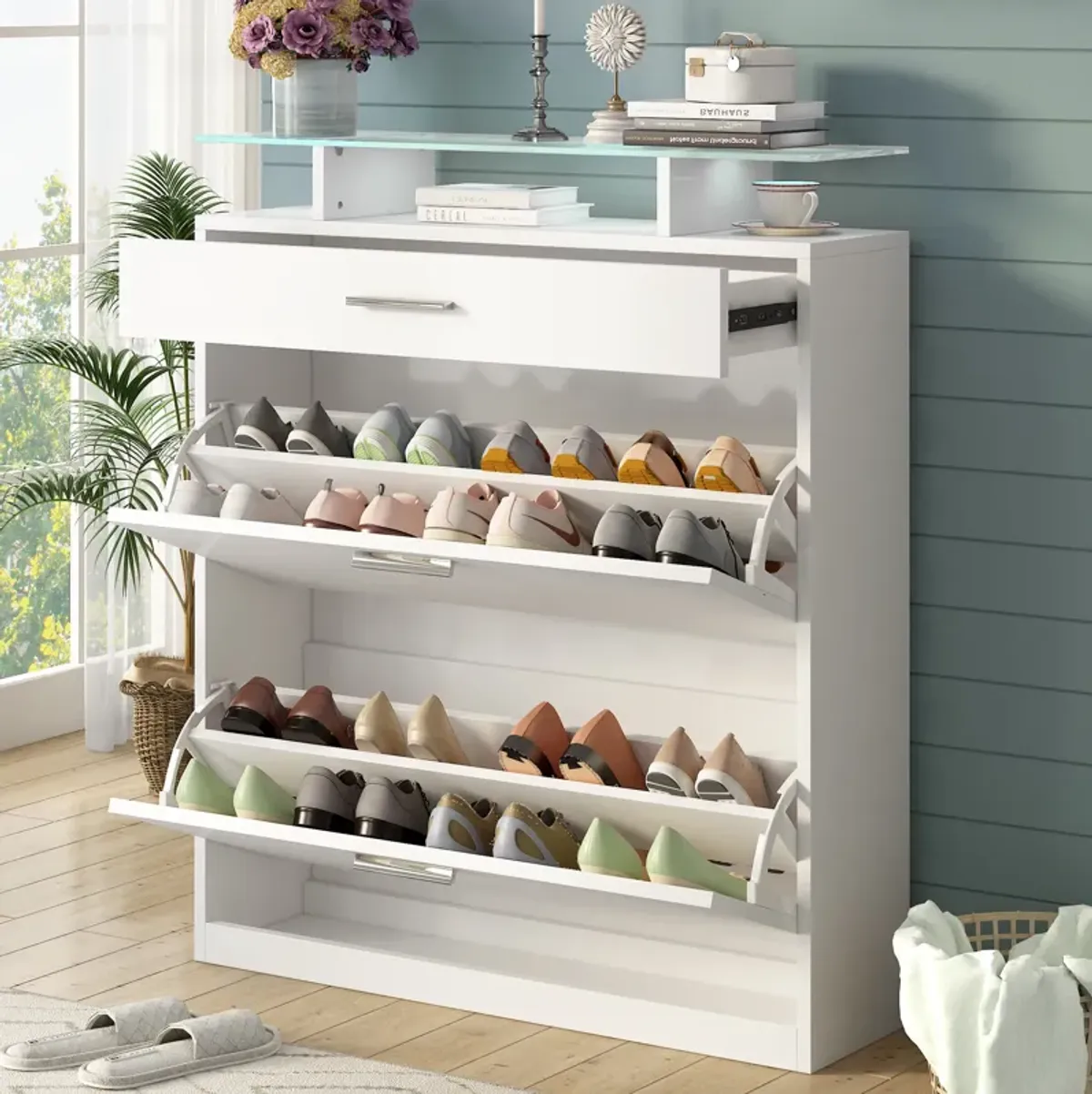 Merax Tempered Glass Top Shoe Storage Cabinet with Drawer