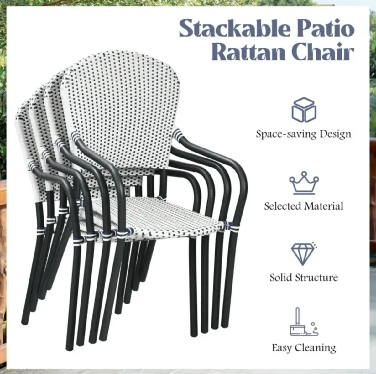 Hivvago Set of 4 Patio Rattan Stackable Dining Chair with  Armrest for Garden-White