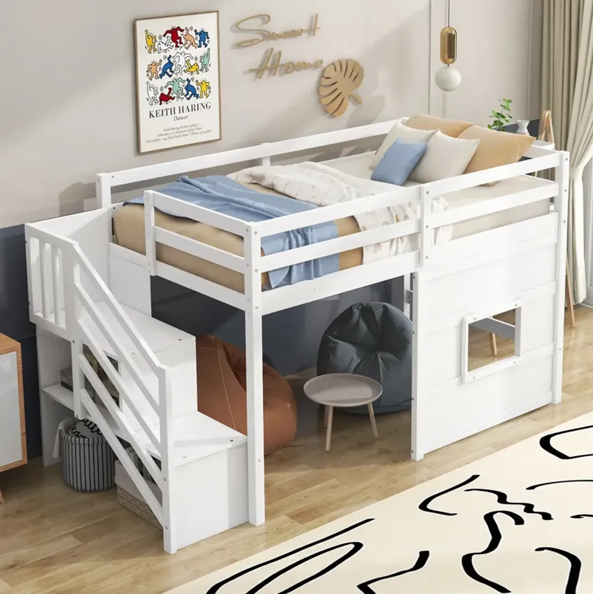 Whisen Wood Twin Size Loft Bed with Storage Staircase and Window - White