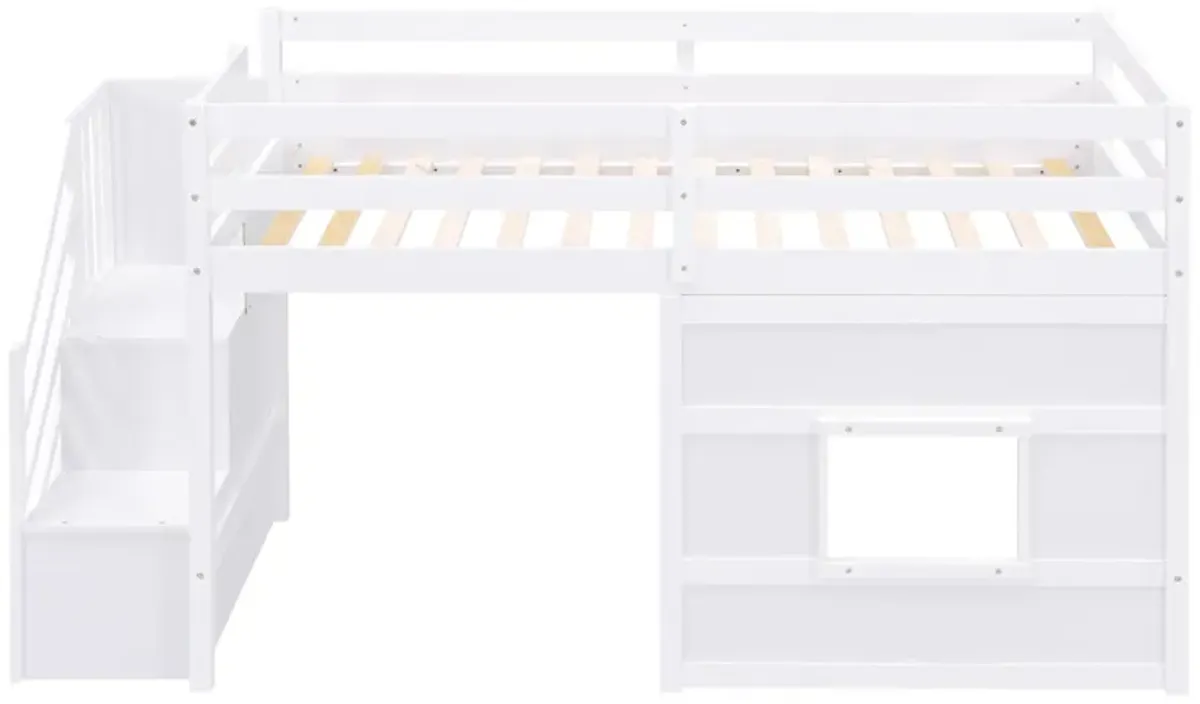 Whisen Wood Twin Size Loft Bed with Storage Staircase and Window - White