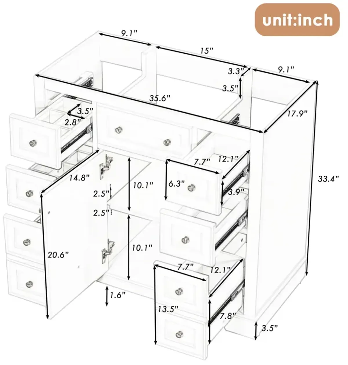 36" Bathroom Vanity Without Sink, Cabinet Base Only, One Cabinet And Six Drawers