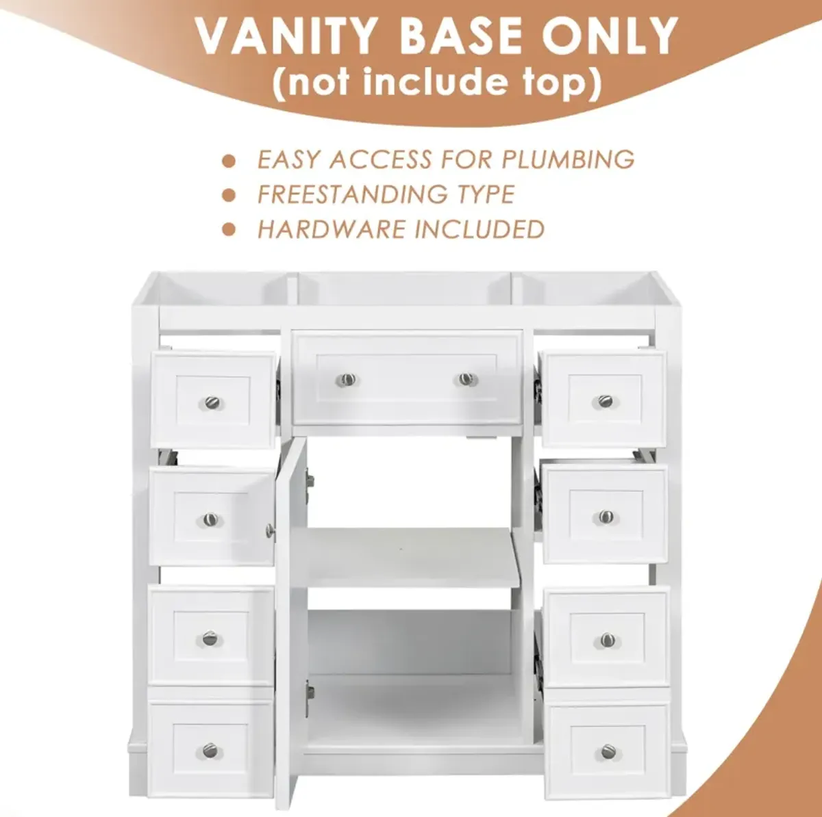 36" Bathroom Vanity Without Sink, Cabinet Base Only, One Cabinet And Six Drawers