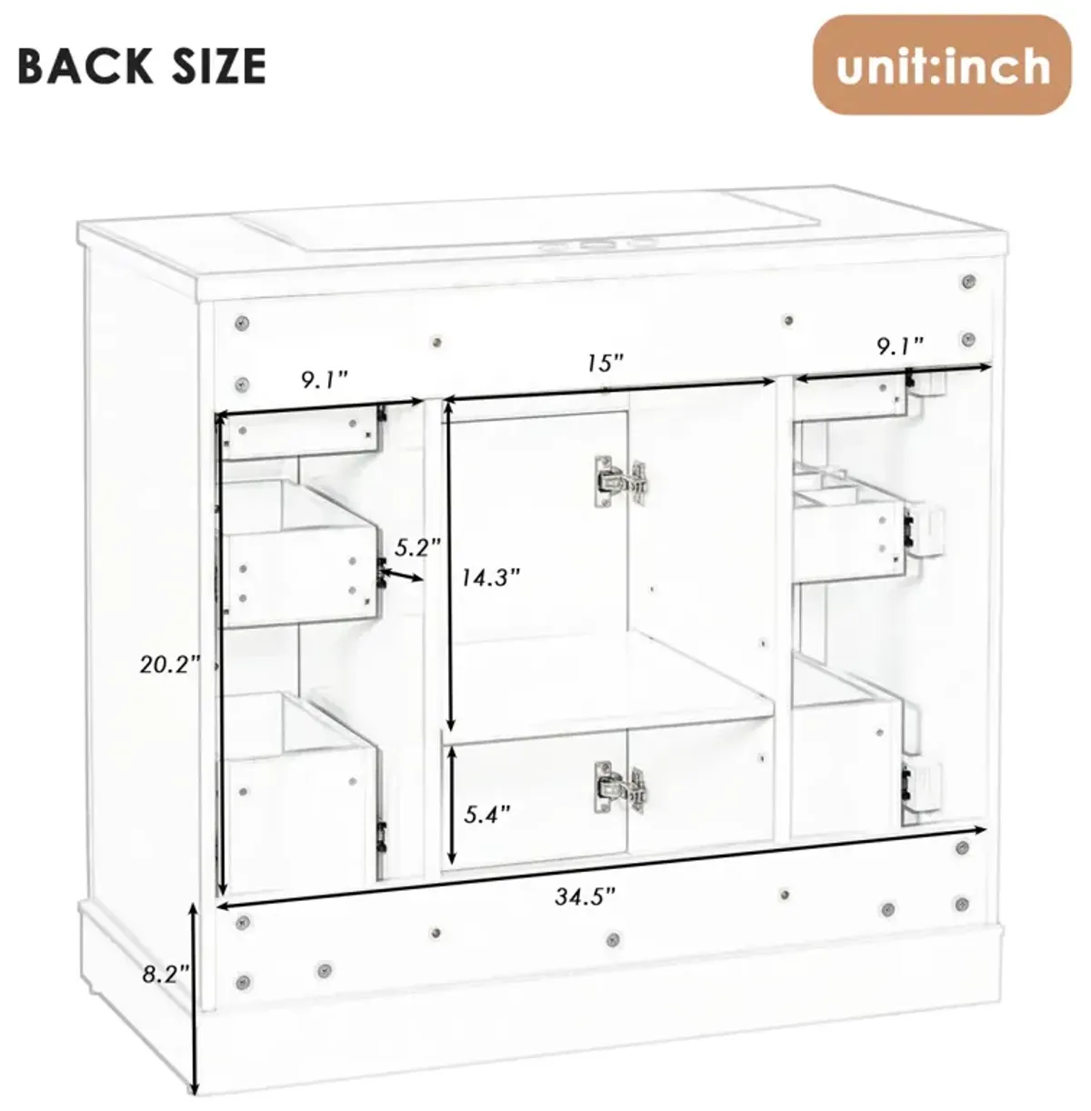 36" Bathroom Vanity Without Sink, Cabinet Base Only, One Cabinet And Six Drawers