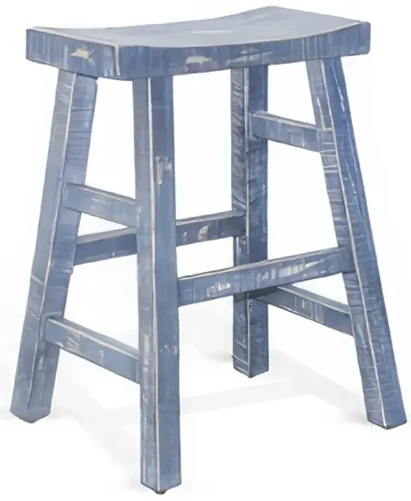 Rena Counter Stool Set of 2, Saddle Seat, Ocean Blue Mahogany Wood - Benzara
