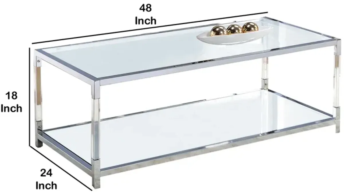 Glass Top Metal Coffee Table with Open Bottom Shelf, Silver and Clear-Benzara