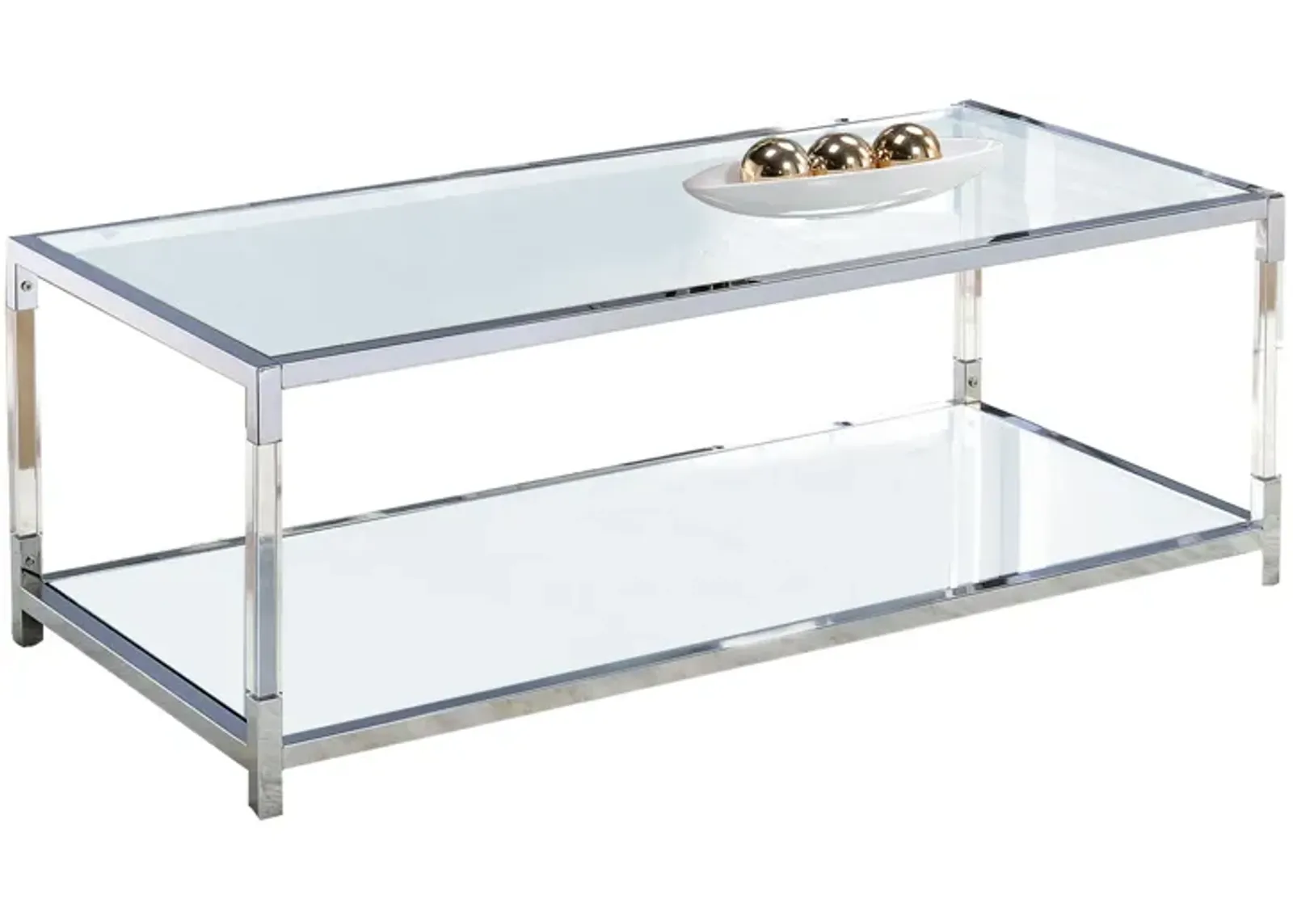 Glass Top Metal Coffee Table with Open Bottom Shelf, Silver and Clear-Benzara