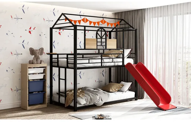 Twin Over Twin Metal Bunk Bed, Metal House Bed With Slide, Three Colors Available.(Black with Red Slide)