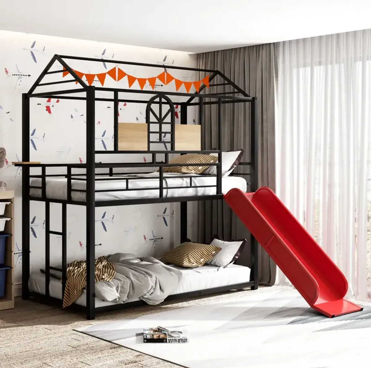 Twin Over Twin Metal Bunk Bed, Metal House Bed With Slide, Threes Available