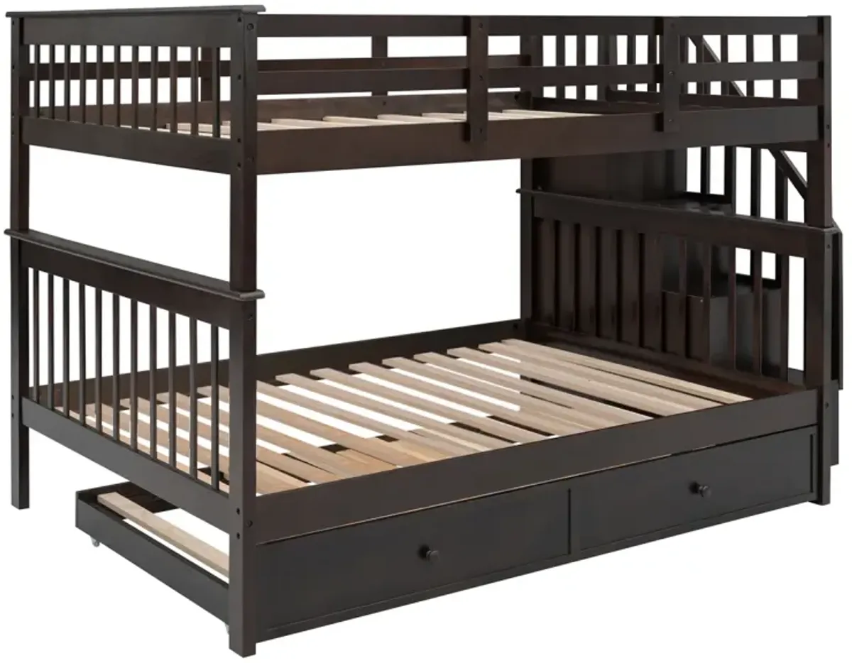 Stairway Full-Over-Full Bunk Bed With Twin Size Trundle, Storage And Guard Rail For Bedroom