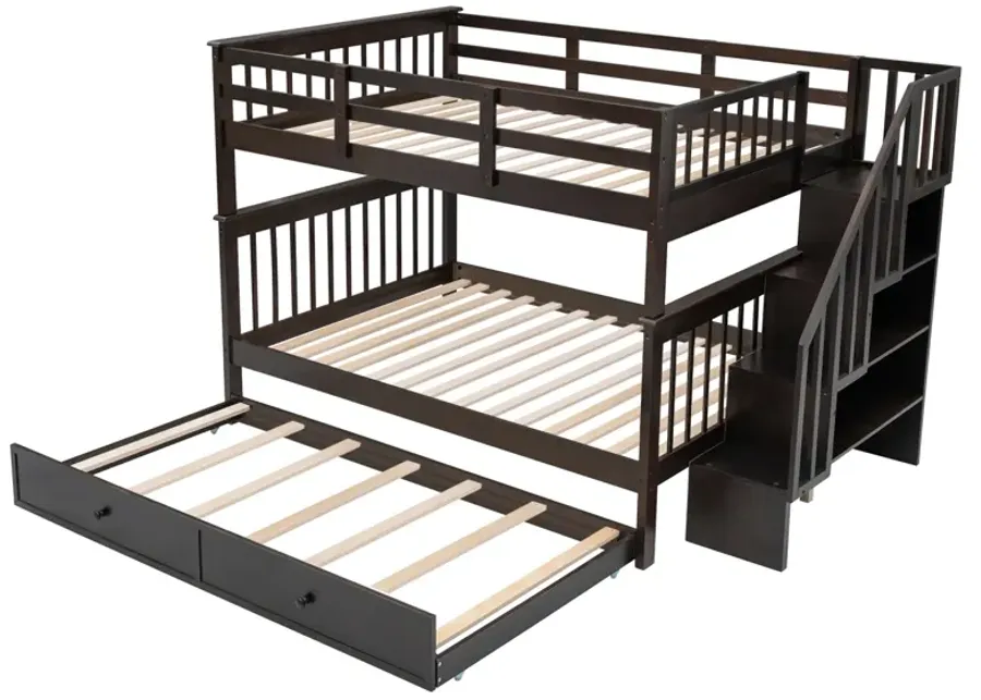 Stairway Full-Over-Full Bunk Bed With Twin Size Trundle, Storage And Guard Rail For Bedroom