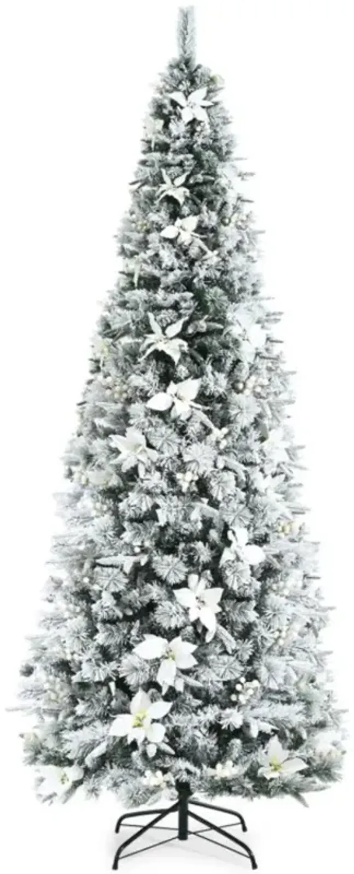 Hivvago 5/6/7/8 Feet Snow Flocked Christmas Tree with Berries and Poinsettia Flowers