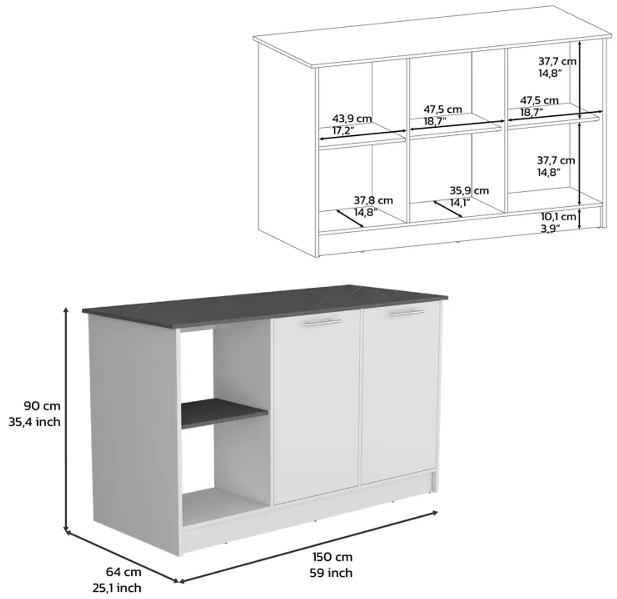 Coral Kitchen Island with Large Countertop, Open Storage Shelves and Double Door Cabinet, White / Onyx -Kitchen