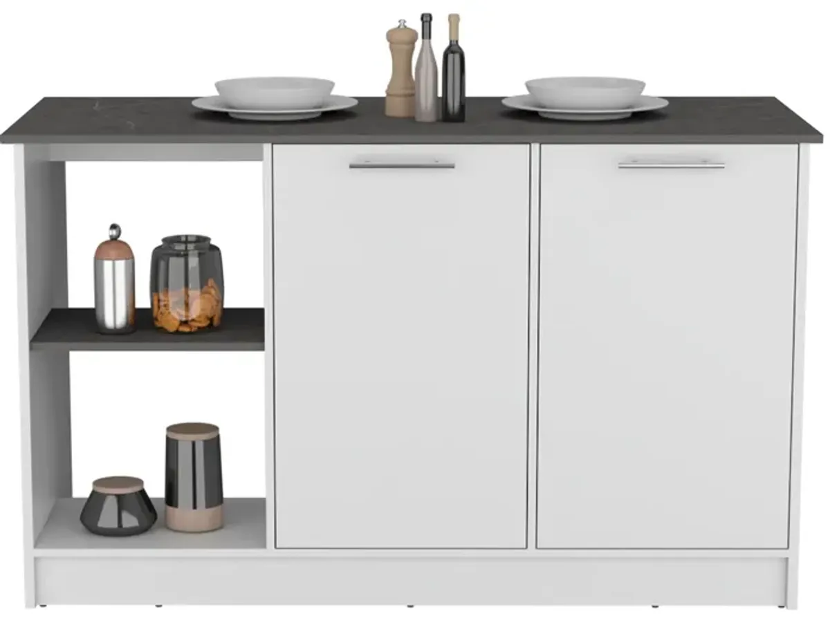 Coral Kitchen Island with Large Countertop, Open Storage Shelves and Double Door Cabinet, White / Onyx -Kitchen