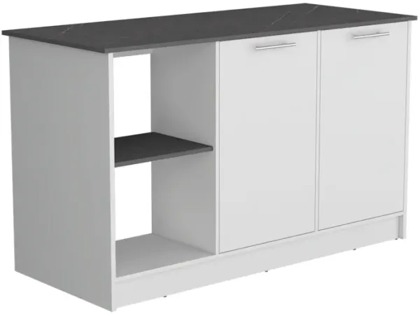 Coral Kitchen Island with Large Countertop, Open Storage Shelves and Double Door Cabinet, White / Onyx -Kitchen