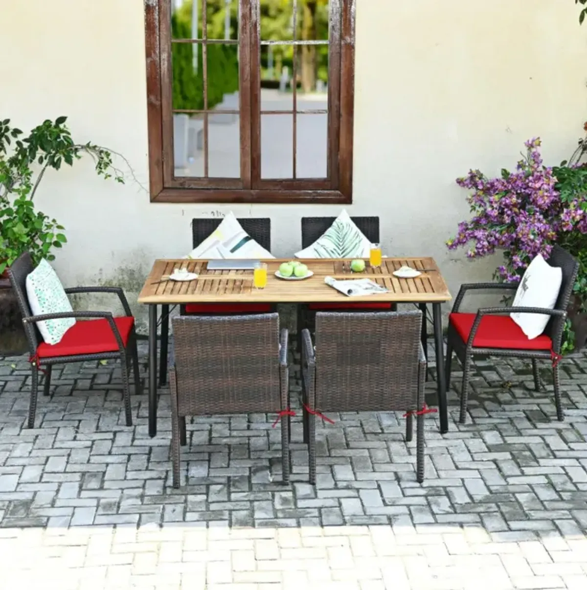 Hivvago 7 Pieces Patio Rattan Cushioned Dining Set with Umbrella Hole