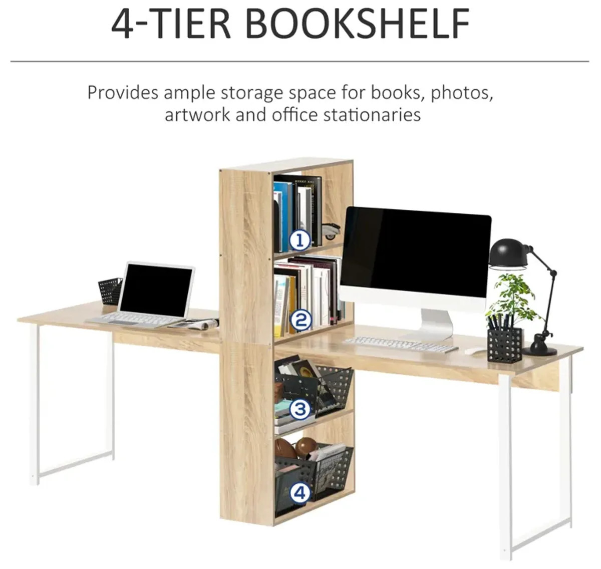 HOMCOM 88" Extra Long 2-Person Computer Desk with Storage Shelves Combo, Double Workstation Storage Study Writing Table for Home Office, Bookshelf, Black